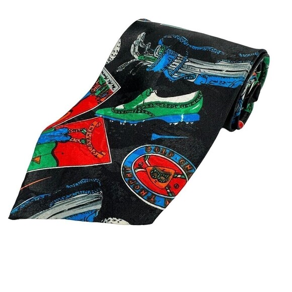 Dimoda Tie Mens Black Golf Allover Print Bolero 100% Silk Satin Made in Italy - Picture 1 of 12
